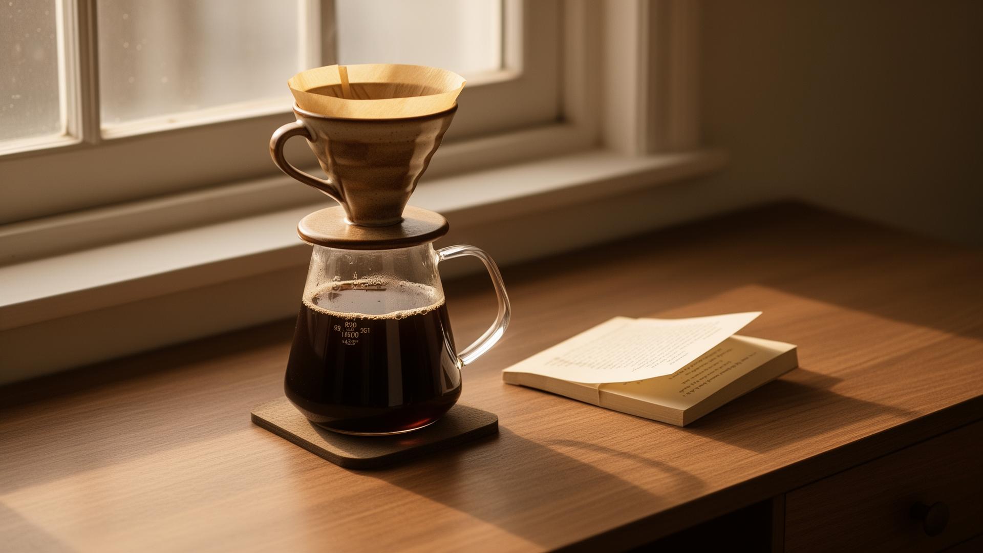 A pour-over coffee setup on a wooden desk beside an open book, soft morning light